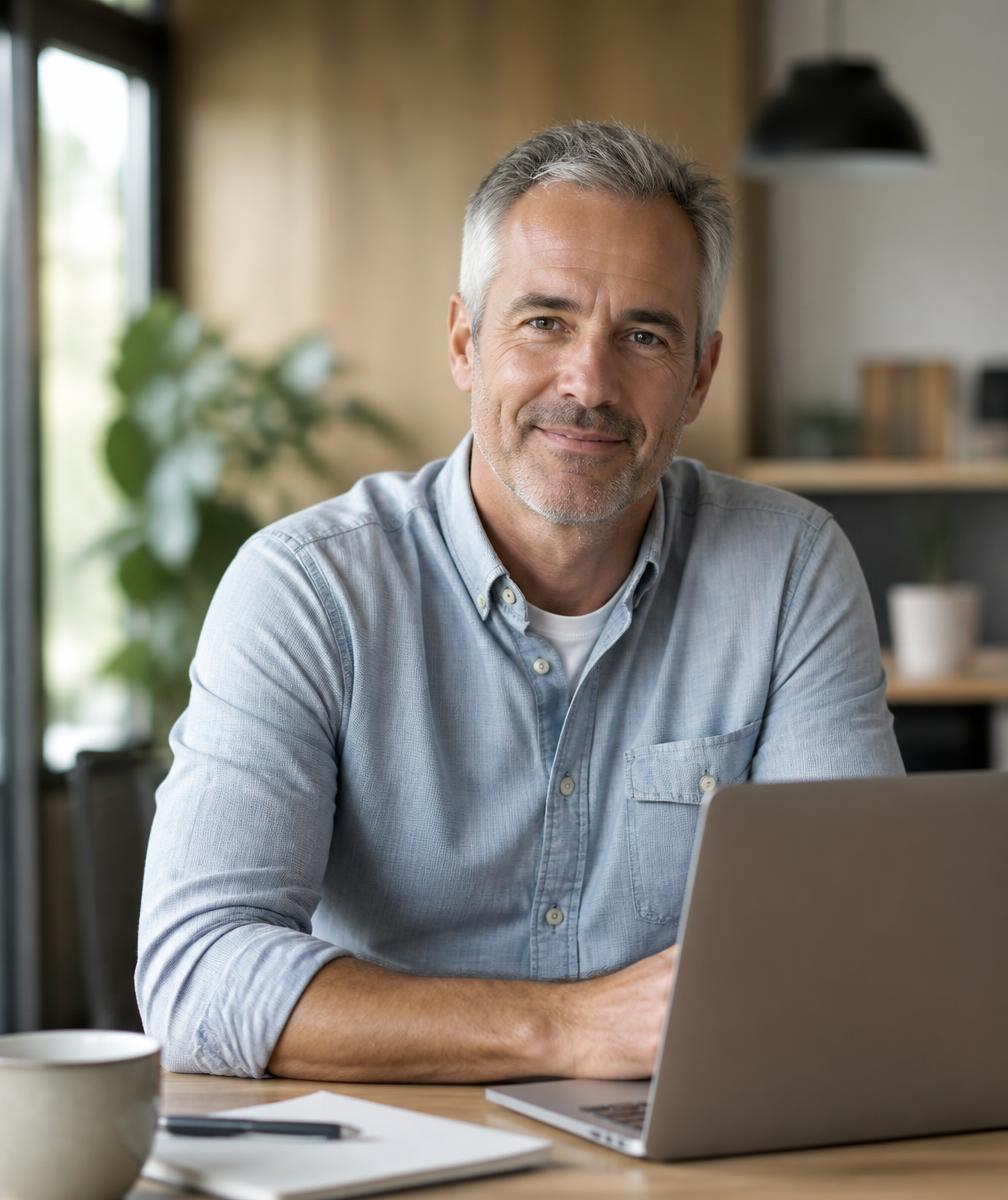 Trainer des Workshops an seinem Arbeitsplatz mit Notebook