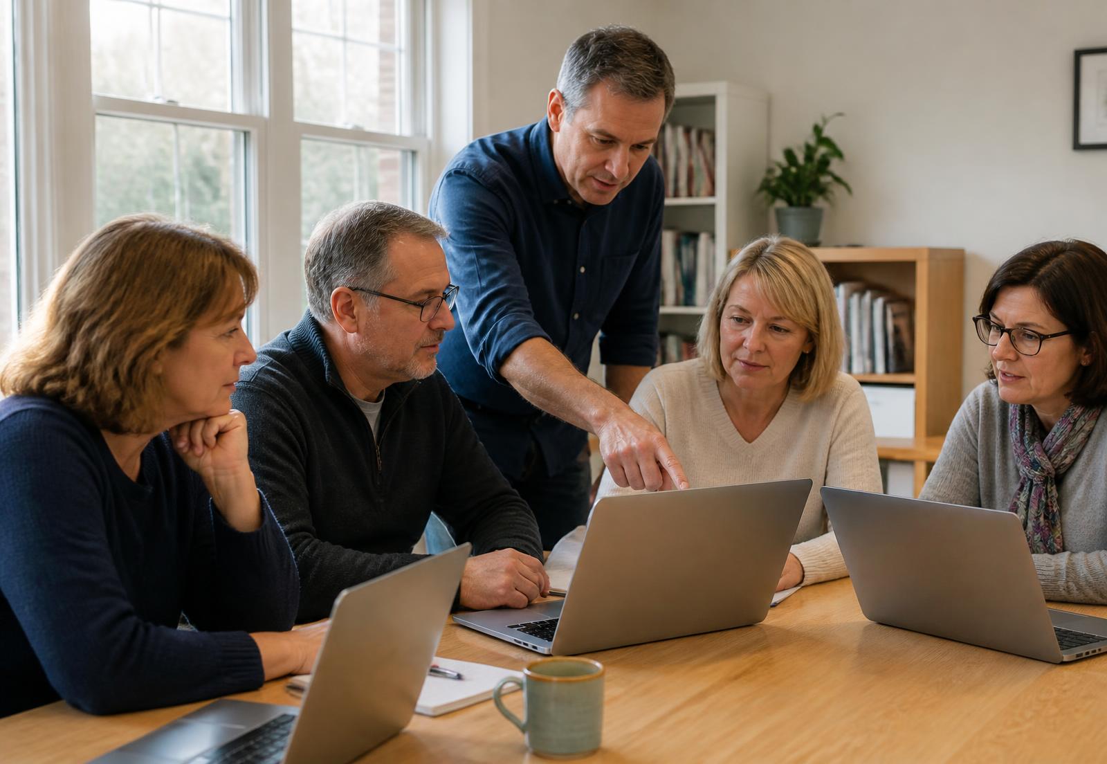 Kleine Workshopgruppe mit Notebooks am Tisch, der Trainer erklärt einer Teilnehmerin etwas am Bildschirm